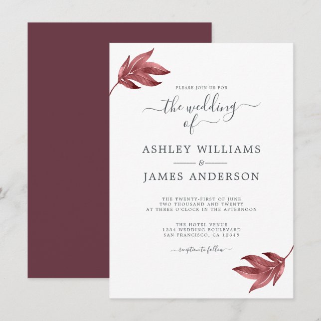 Chic Script Burgundy Leaf Minimal Wedding Invitation (Front/Back)