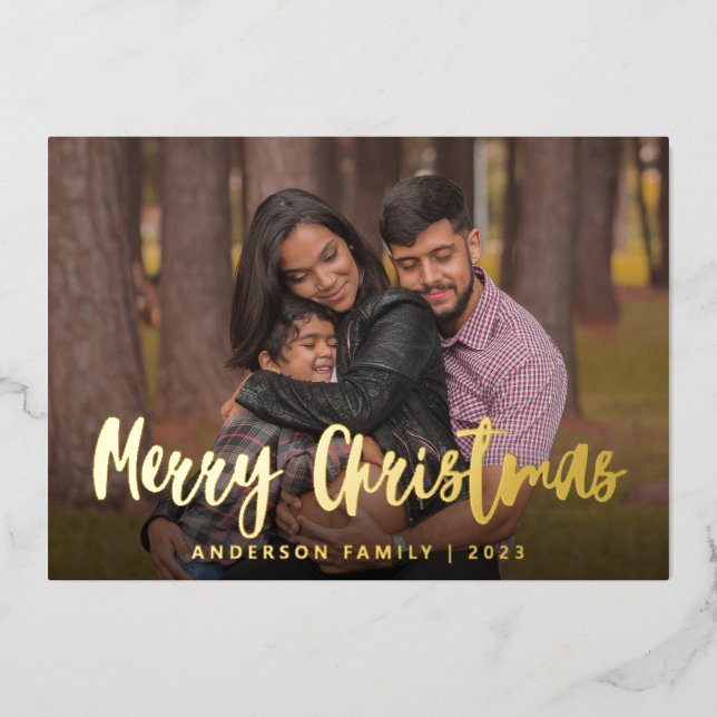 Chic Script Calligraphy Family Photo Christmas Foil Holiday Card (Front)