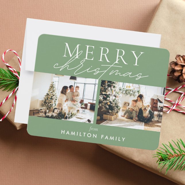 Chic Script Calligraphy Merry Christmas Two Photo Card (Creator Uploaded)