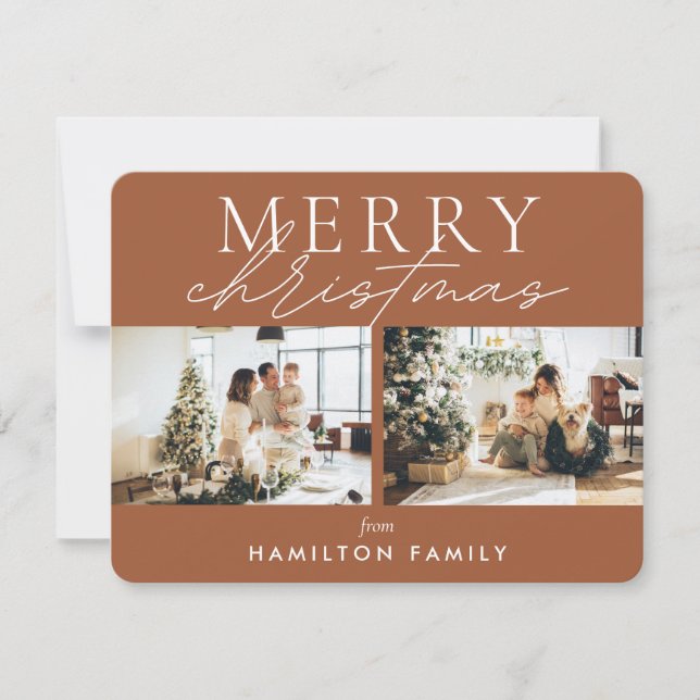 Chic Script Calligraphy Merry Christmas Two Photo Card (Front)