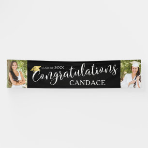 Chic Script CONGRATULATIONS Photo Graduation Black Banner