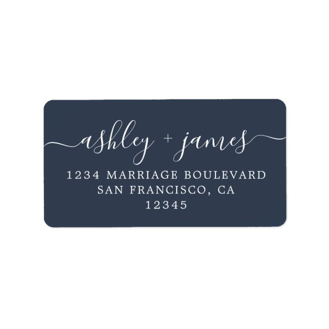 Chic Script Dark Blue Wedding Return Address Label (Front)