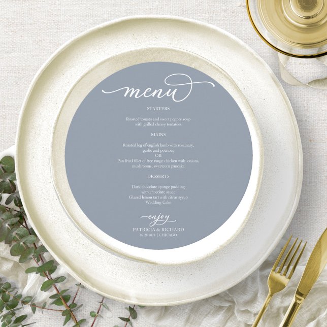 Chic Script Dusty Blue Circle Menu Card For Plate (Creator Uploaded)