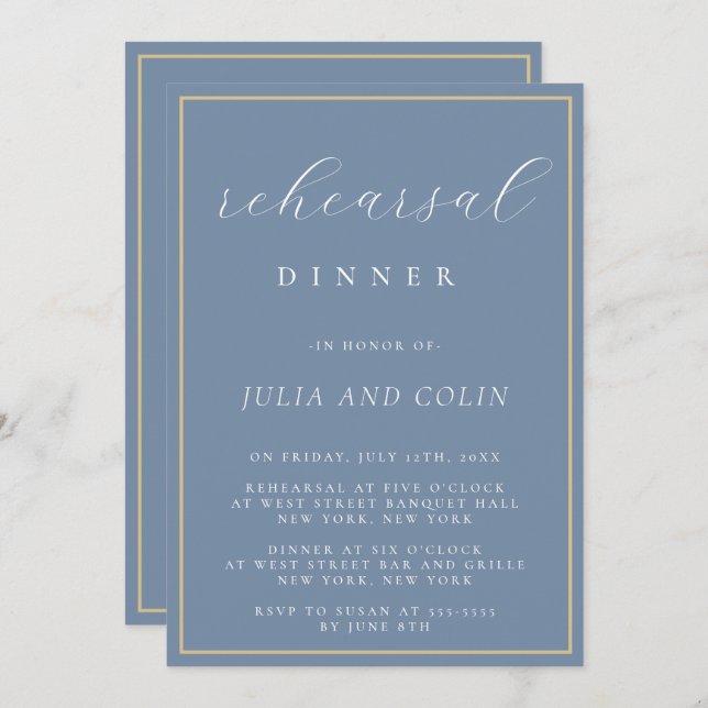 Chic Script Dusty Blue Rehearsal Dinner Invitation (Front/Back)