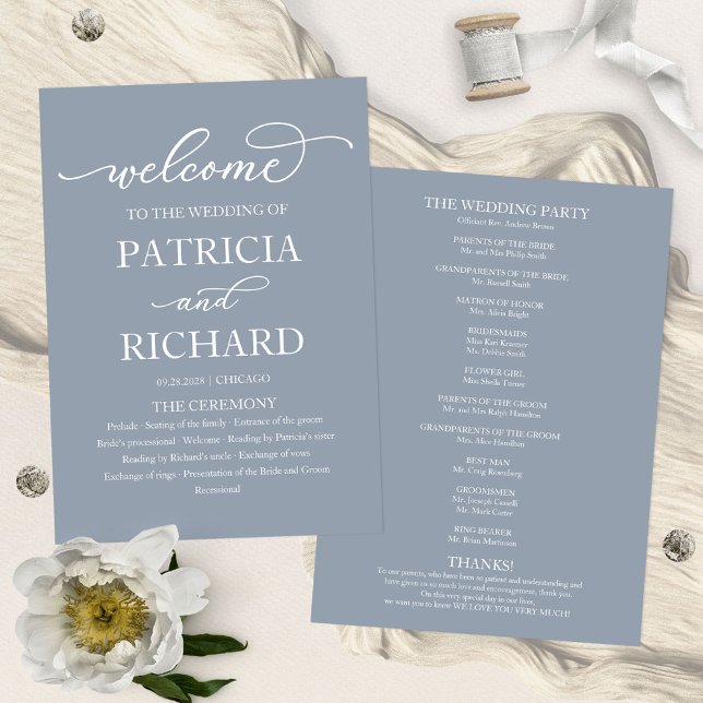Chic Script Dusty Blue Wedding Ceremony Program (Creator Uploaded)