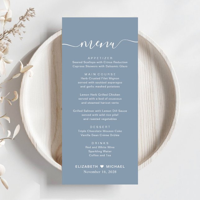 Chic Script Dusty Blue Wedding Menu (Creator Uploaded)