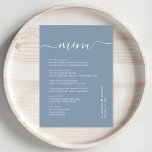 Chic Script Dusty Blue Wedding Reception Menu<br><div class="desc">Chic dusty blue wedding reception dinner menu with "menu" in a stylish white calligraphy script with swashes,  your customized menu in simple modern white typography,  your first names joined by a heart and your reception date.</div>