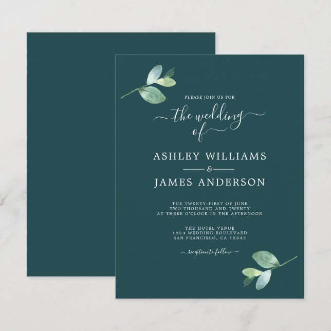Chic Script Eucalyptus Foliage Minimal Wedding Invitation (Front/Back)