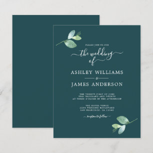 Chic Script Eucalyptus Foliage Minimal Wedding Invitation