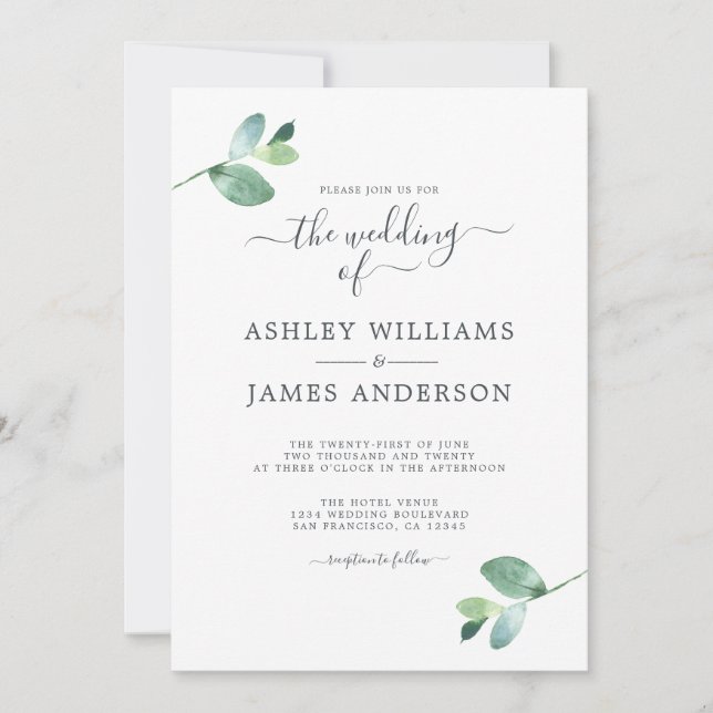 Chic Script Eucalyptus Foliage Minimal Wedding Invitation (Front)