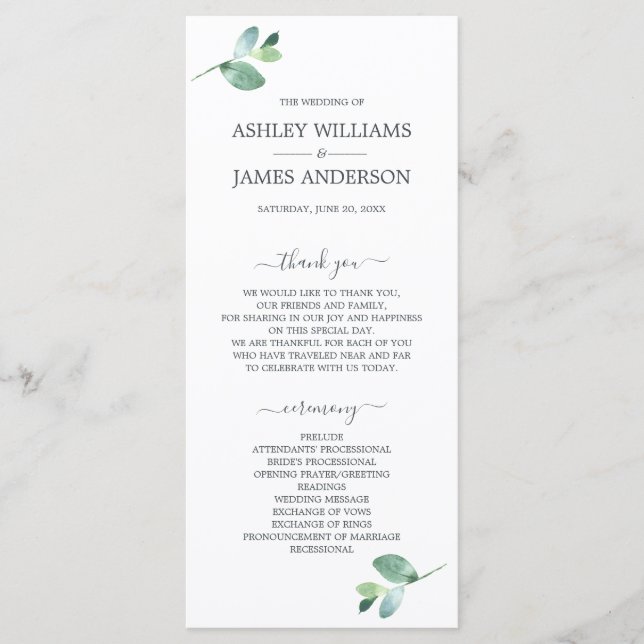Chic Script Eucalyptus Foliage Minimal Wedding Program (Front)