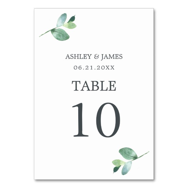 Chic Script Eucalyptus Foliage Minimal Wedding Table Number (Front)