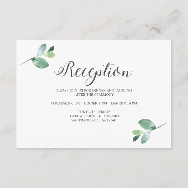 Chic Script Eucalyptus Foliage Wedding Reception Enclosure Card (Front)
