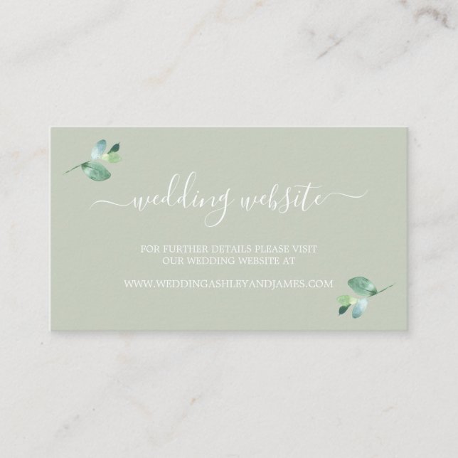 Chic Script Eucalyptus Foliage Wedding Website Enclosure Card (Front)