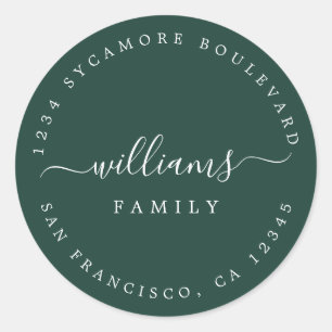 Chic Script Family Name Dark Green Return Address Classic Round Sticker