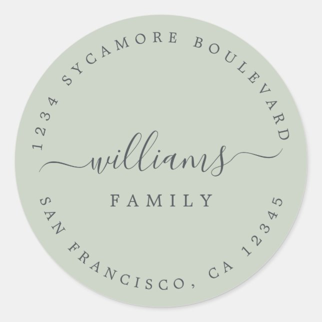 Chic Script Family Name Return Address Classic Round Sticker (Front)