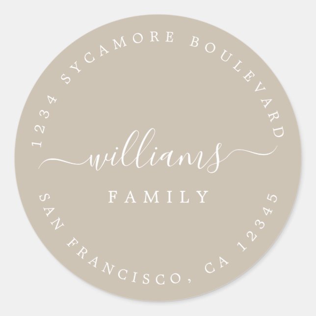 Chic Script Family Name Return Address Classic Round Sticker (Front)
