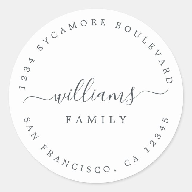 Chic Script Family Name Return Address Classic Round Sticker (Front)