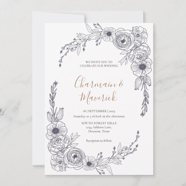 Chic Script Floral Frame Wedding Invitation (Front)