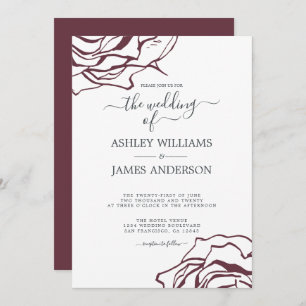 Chic Script Floral Outline Burgundy Rose Wedding Invitation