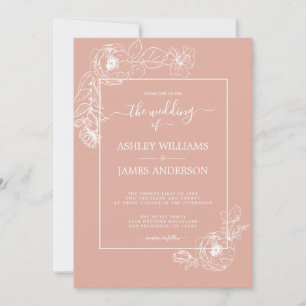 Chic Script Floral Outline Dusty Pink Wedding Invitation