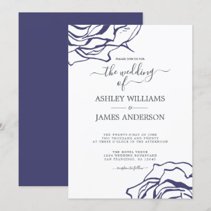 Chic Script Floral Outline Navy Blue Rose Wedding Invitation