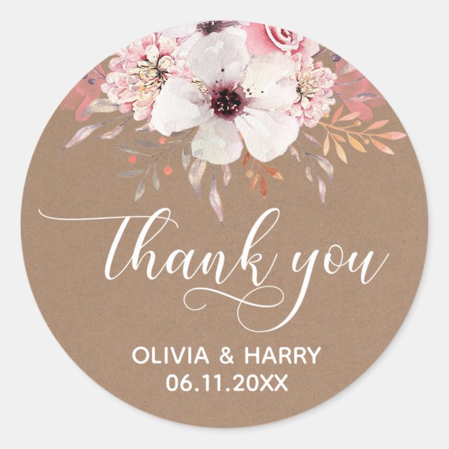 Chic Script Floral Wedding Favour Stickers | Kraft (Front)