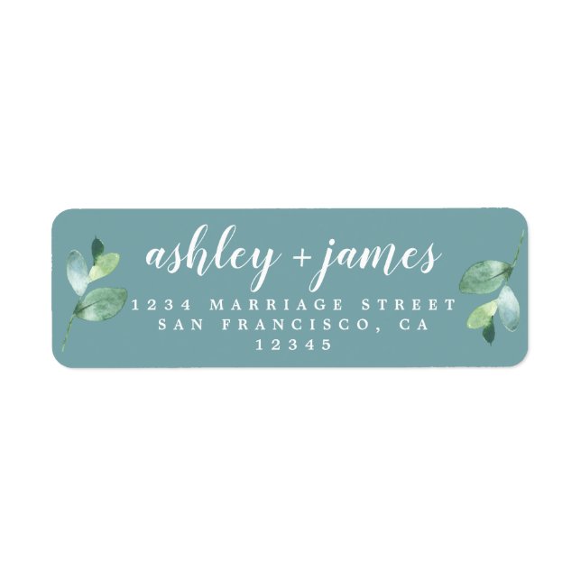 Chic Script Foliage Blue Return Address Label (Front)
