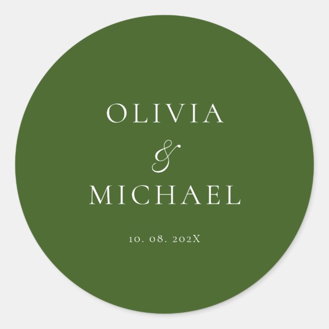 Chic Script Forest Green Minimalist Wedding Classic Round Sticker (Front)