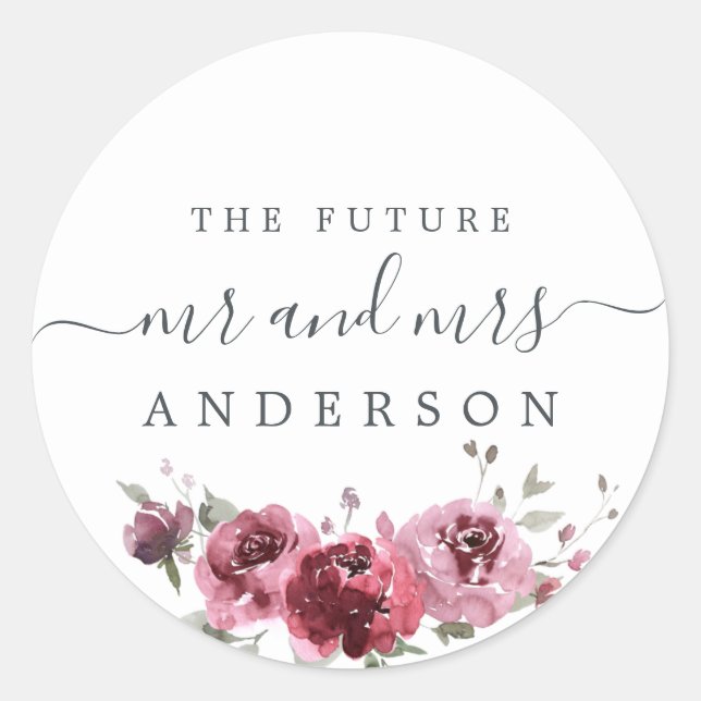 Chic Script Future Mr Mrs Burgundy Floral Classic Round Sticker (Front)