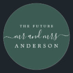 Chic Script Future Mr Mrs Dark Green Wedding Classic Round Sticker<br><div class="desc">Chic, modern and simple wedding envelope seal with the text the future Mr and Mrs in white elegant handwritten script calligraphy and stylish typography on a dark green background. Simply add your future married surname. Exclusively designed for you by Happy Dolphin Studio. If you need any help or matching products...</div>