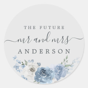 Chic Script Future Mr Mrs Dusty Blue Floral Grey Classic Round Sticker