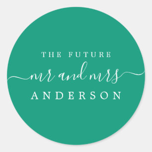 Chic Script Future Mr Mrs Emerald Green Wedding Classic Round Sticker
