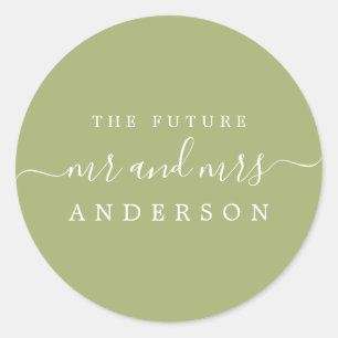 Chic Script Future Mr Mrs Leaf Green Wedding Classic Round Sticker