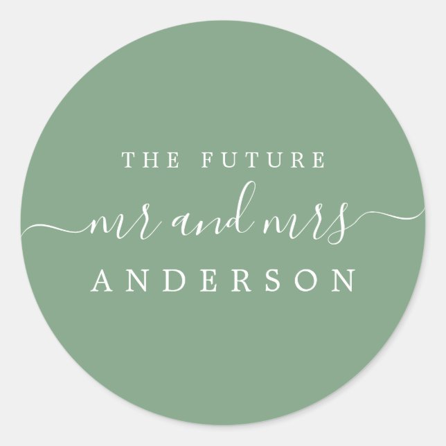 Chic Script Future Mr Mrs Mineral Green Wedding Classic Round Sticker (Front)