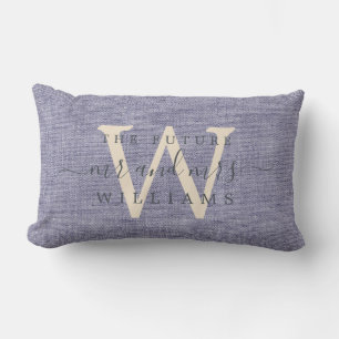 Chic Script Future Mr Mrs Monogram Blue Linen Lumbar Pillow