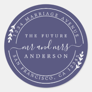 Chic Script Future Mr Mrs Navy Blue Return Address Classic Round Sticker