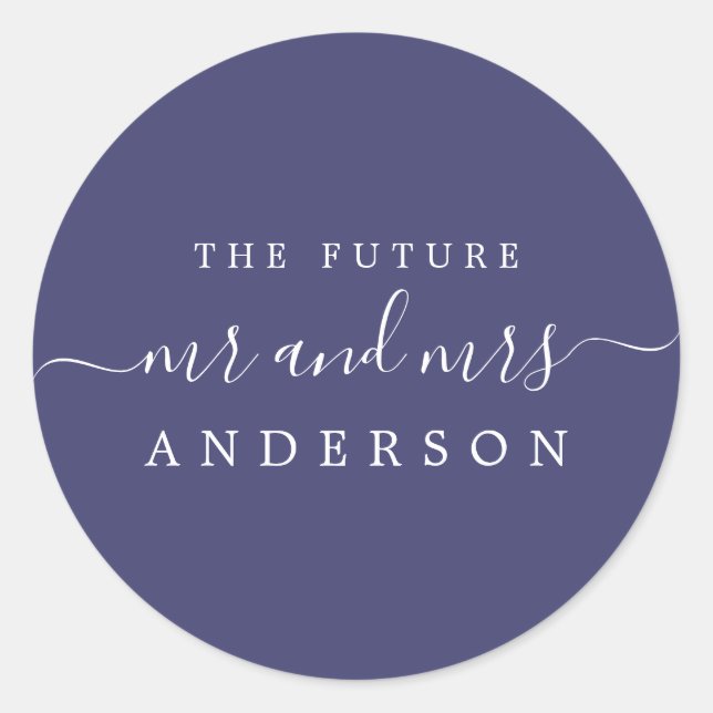 Chic Script Future Mr Mrs Navy Blue Wedding Classic Round Sticker (Front)