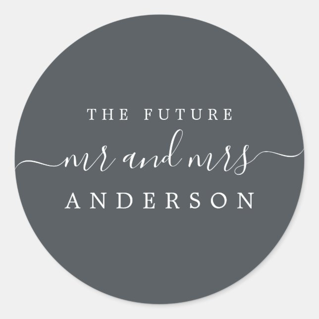 Chic Script Future Mr Mrs Off-Black Wedding Classic Round Sticker (Front)