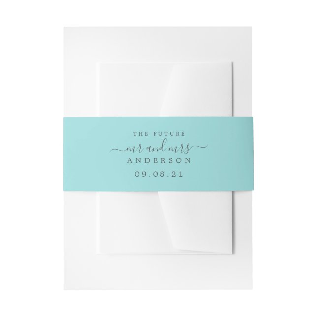 Chic Script Future Mr Mrs Pastel Blue Wedding Invitation Belly Band (Front Example)