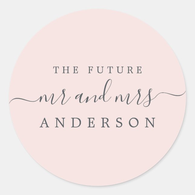 Chic Script Future Mr Mrs Pastel Pink Wedding Classic Round Sticker (Front)