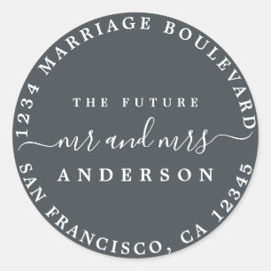 Chic Script Future Mr Mrs Return Address Off-Black Classic Round Sticker