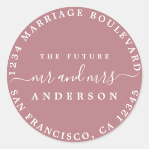 Chic Script Future Mr Mrs Return Address Purple Classic Round Sticker