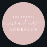 Chic Script Future Mr Mrs Silver Pink Wedding Classic Round Sticker<br><div class="desc">Chic, modern and simple wedding envelope seal with the text the future Mr and Mrs in white elegant handwritten script calligraphy and stylish typography on silver pink background. Simply add your future married surname. Exclusively designed for you by Happy Dolphin Studio. If you need any help or matching products please...</div>