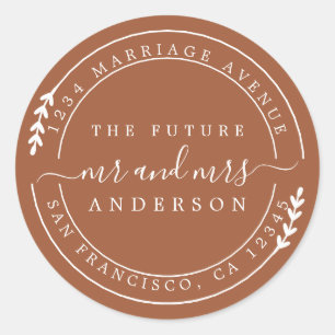 Chic Script Future Mr Mrs TerraCotta Return Addres Classic Round Sticker