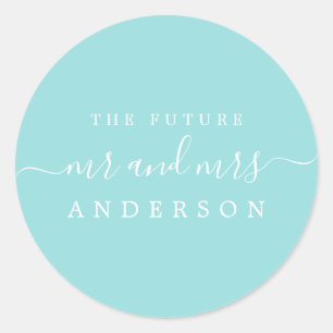 Chic Script Future Mr Mrs Turquoise Blue Wedding Classic Round Sticker