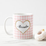 Chic Script Girly Pink White Gingham Custom Name Coffee Mug<br><div class="desc">Personalized girly pink white gingham pattern mug you can customize with your name in black elegant script calligraphy. Your name is placed in a white pretty gold glitter rimmed heart. If you need any help contact us at happydolphinstudio@outlook.com. Exclusively designed for you by Happy Dolphin Studio.</div>