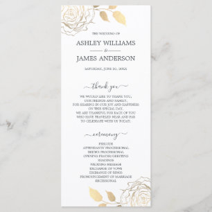 Chic Script Gold Floral Rose Simple Wedding Program