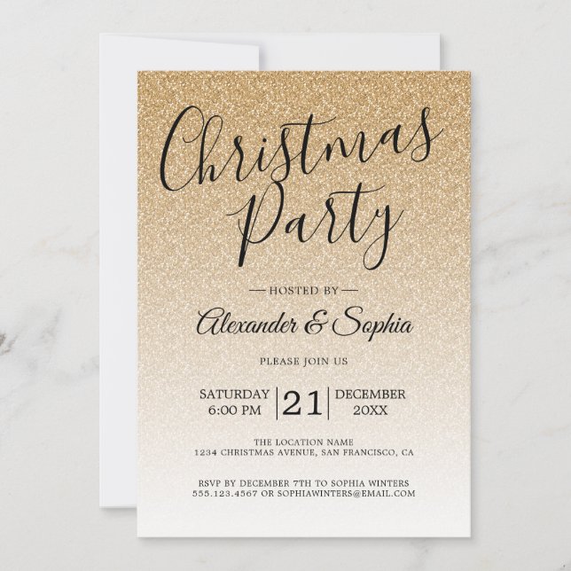 Chic Script Gold Glitter Ombre Christmas Party Invitation (Front)