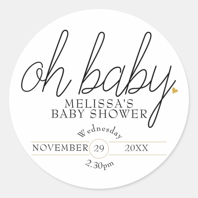 Chic script gold heart baby shower oh baby classic round sticker (Front)